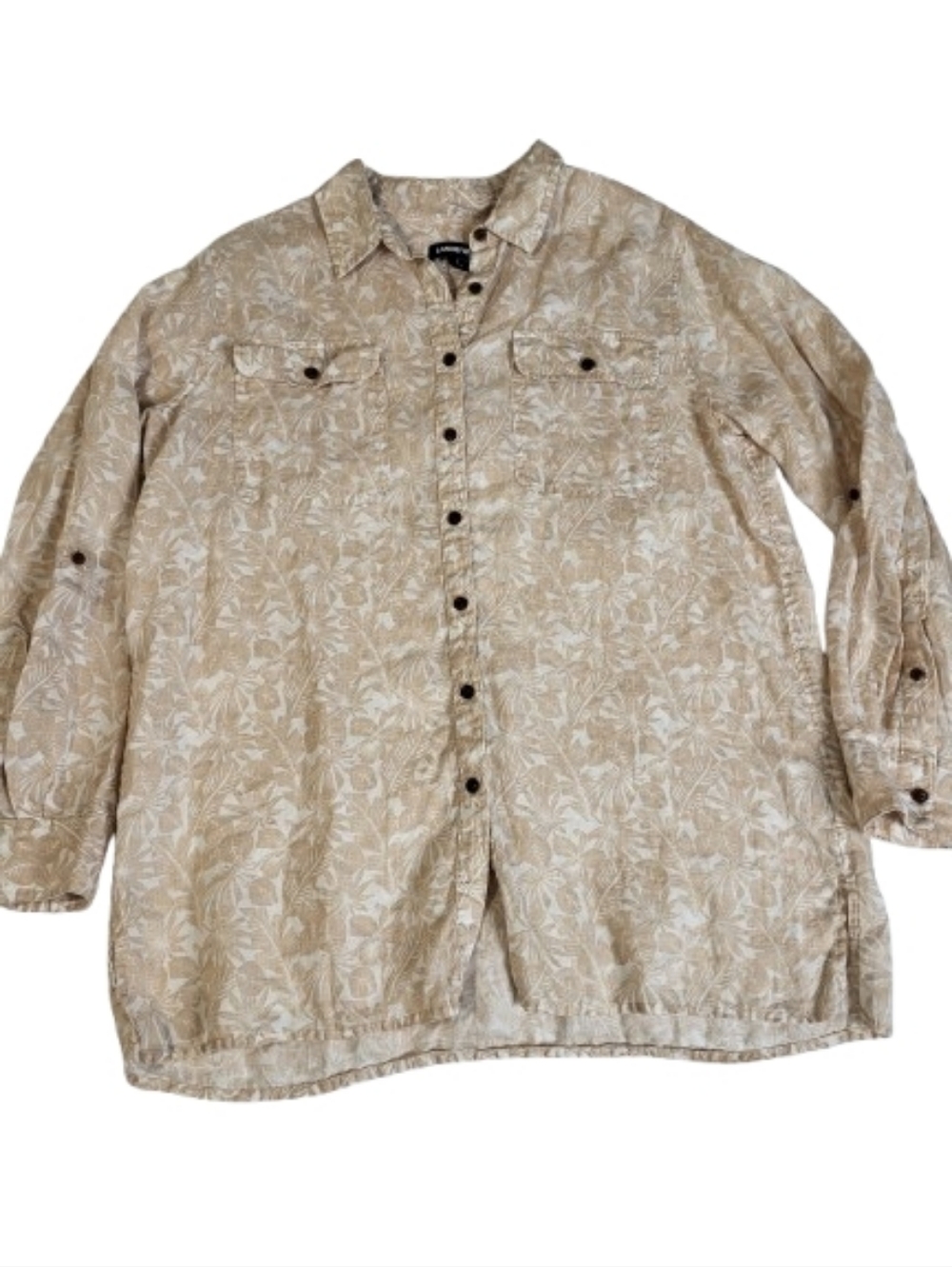 Lands End Beige Floral Linen Button Down Shirt Lightweight‎ Summer Breathable L
